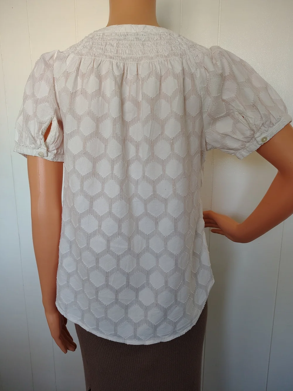 Loft Beige Puff-Sleeve Smocked Yoke Top Size XXS.